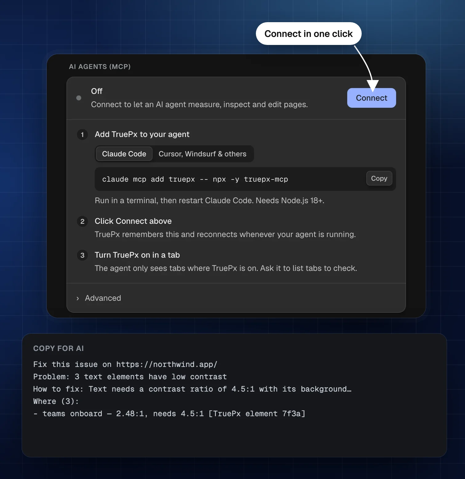 TruePx AI agents settings with the one-line Claude Code command and a Connect button, and an issue copied as a prompt for an AI agent